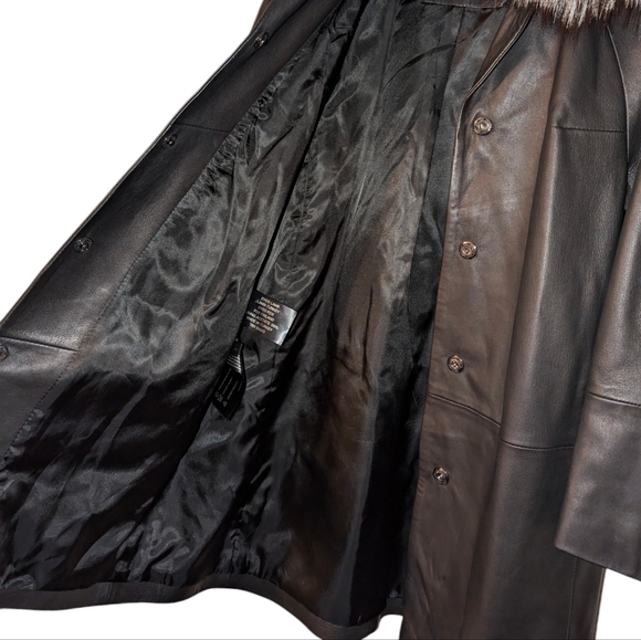 Lamb Fox Fur Collar Genuine Leather Brown Button Front Tunic Jacket Coat Small - Picture 8 of 12